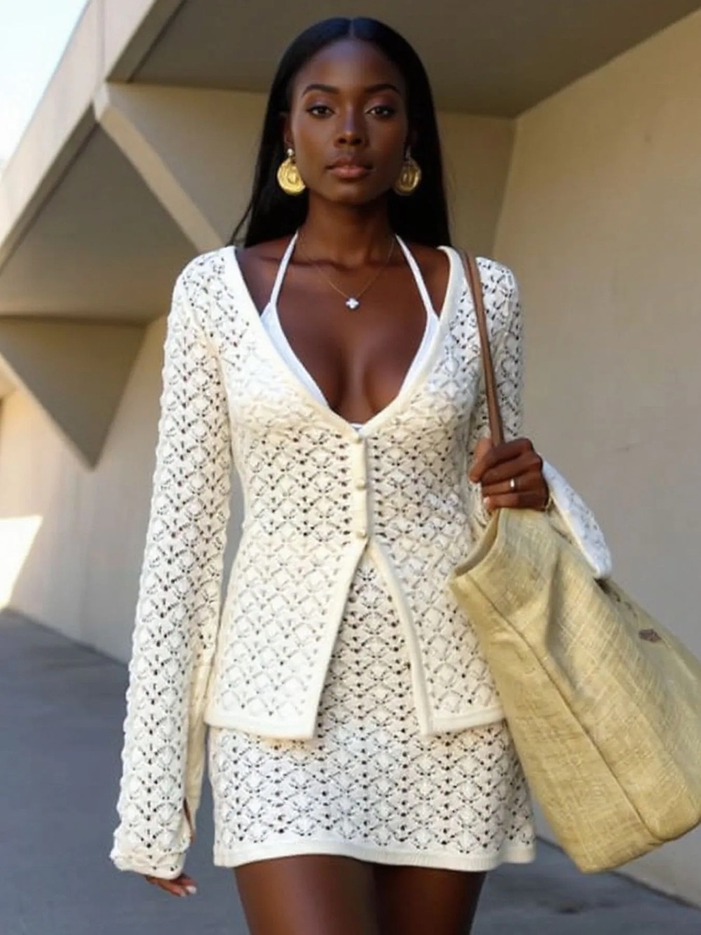 Jolie White Crochet Swim Coverup Set